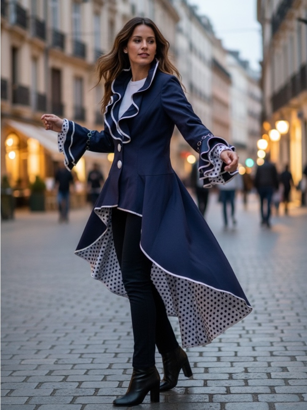 Women's Navy High-Low Ruffle Pea Coat with Polka Dot Lining